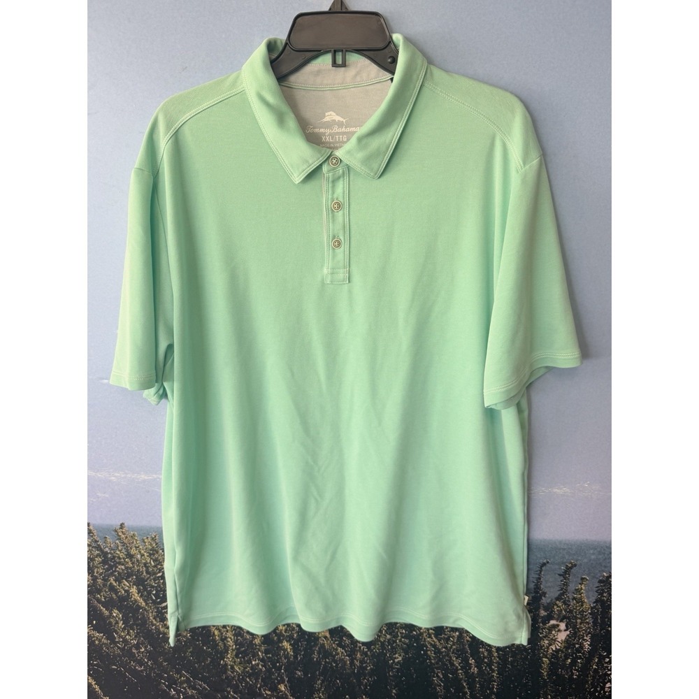 Tommy Bahama Size XXL Mint Green Solid‎ Short Sleeve Lyocell Polyester Shirt
